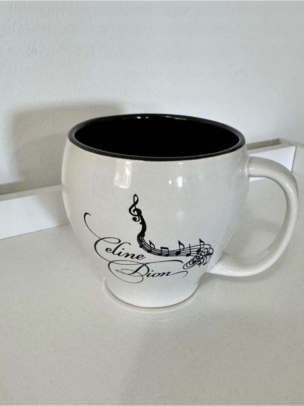 Celine Dion White Ceramic Mug with Black Interior and Music Motif